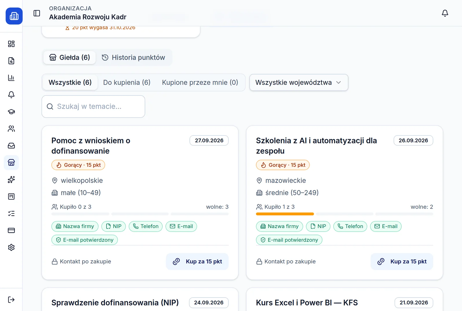 Panel Grant Monitor: giełda leadów z zanonimizowanymi zapytaniami firm, ceną w punktach i weryfikacją kontaktu